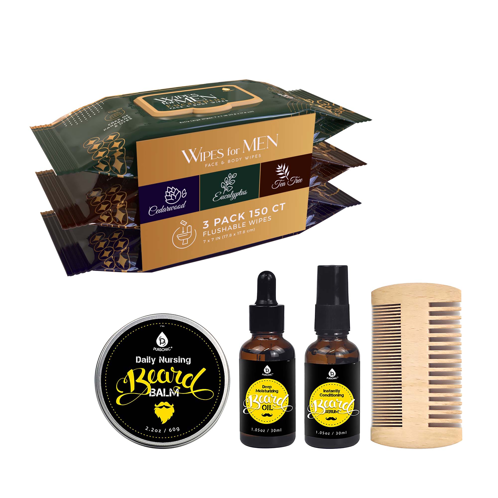 Men’s Grooming Essentials Bundle – Assorted Face & Body Wipes (3-Pack, Cedarwood, Tea Tree, Eucalyptus) + Pursonic Beard Care Grooming Kit